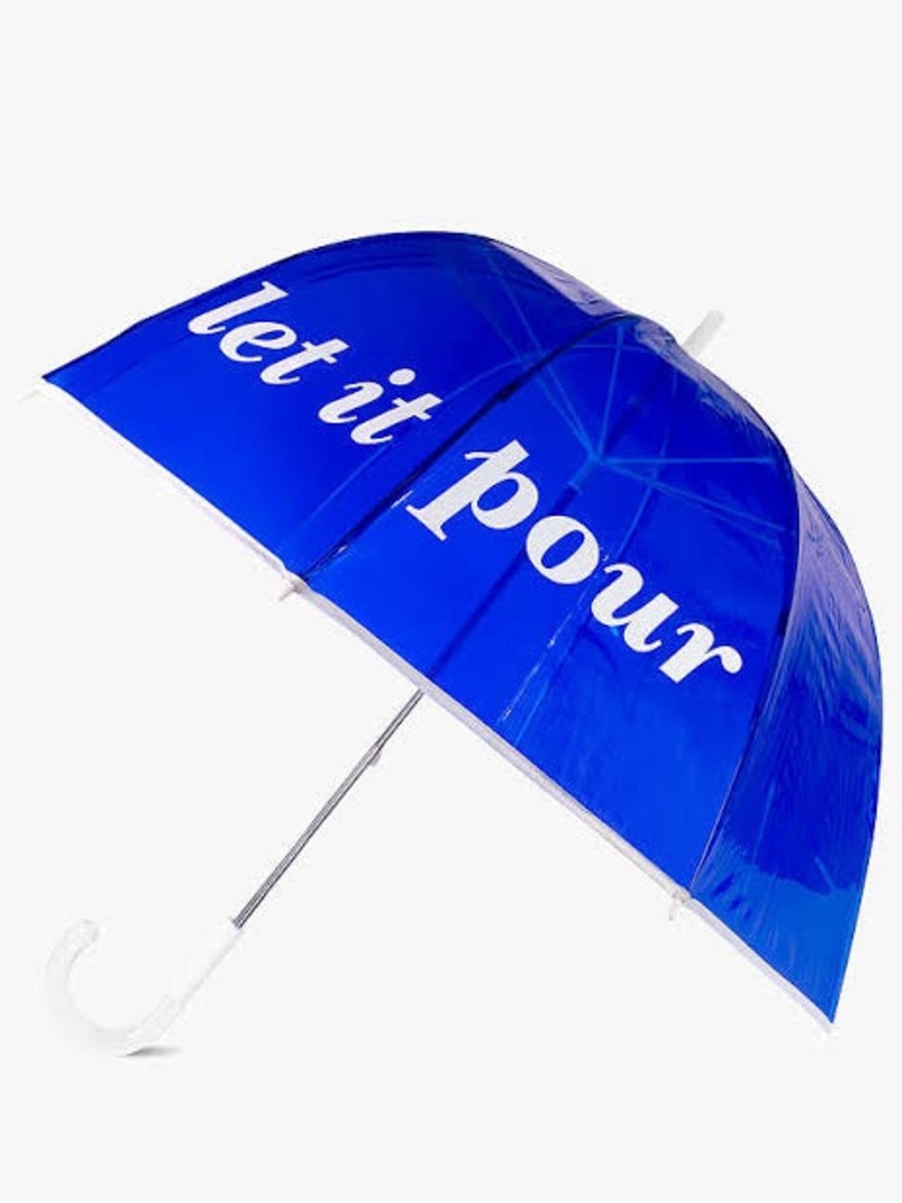 kate spade Blue Dome Umbrella with White "Let it pour" Script